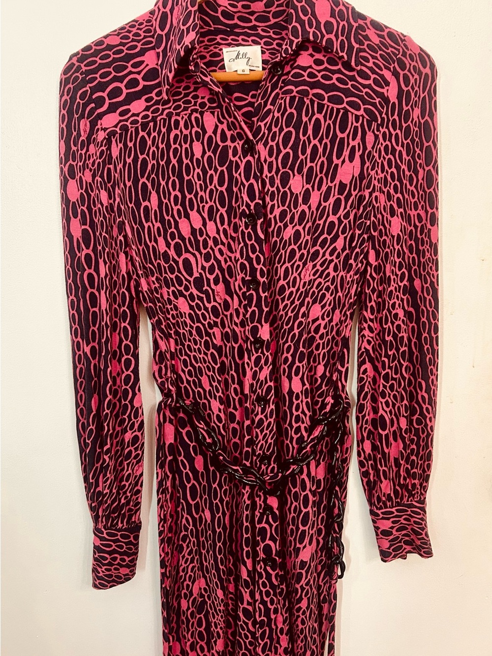 Milly of New York Pink and Black Chain-Print Long Sleeve Dress